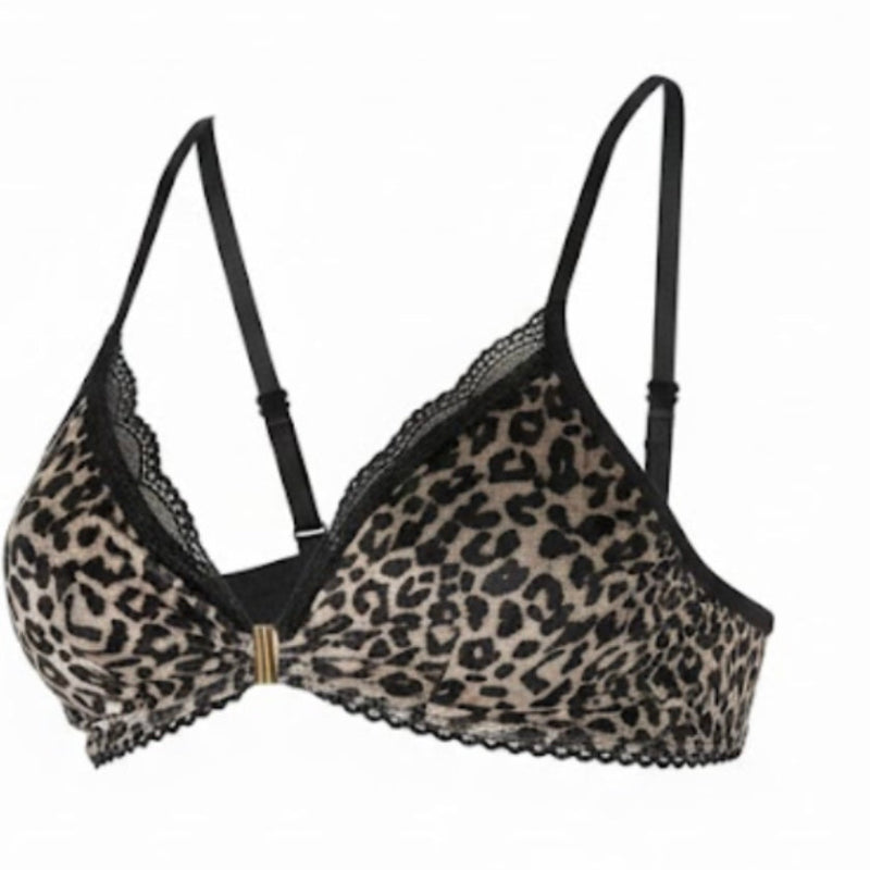 Leopard print bikini set with black straps on a white background