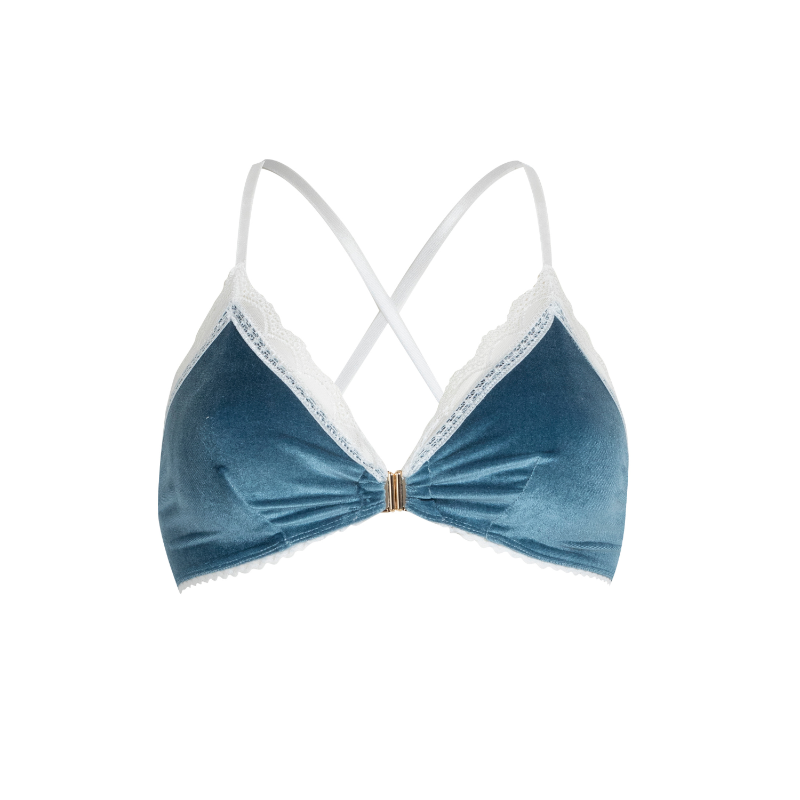 Blue velvet bra with white lace trim on a white background