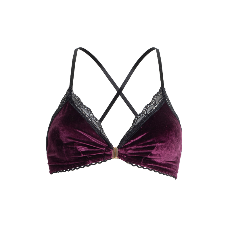 Purple velvet bra with lace trim on a white background