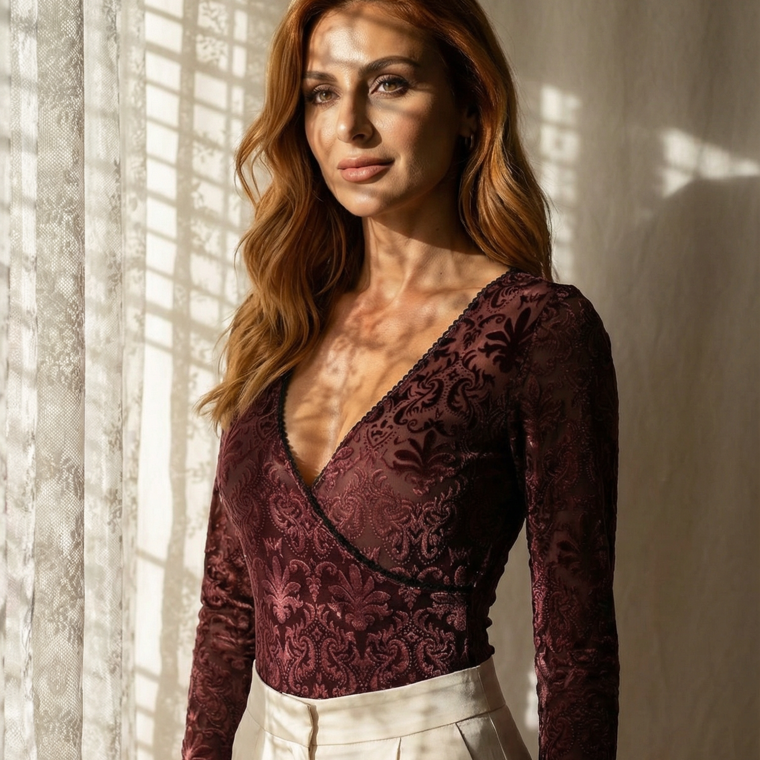 Woman wearing a burgundy lace top and white pants standing in front of a window with sunlight filtering through.