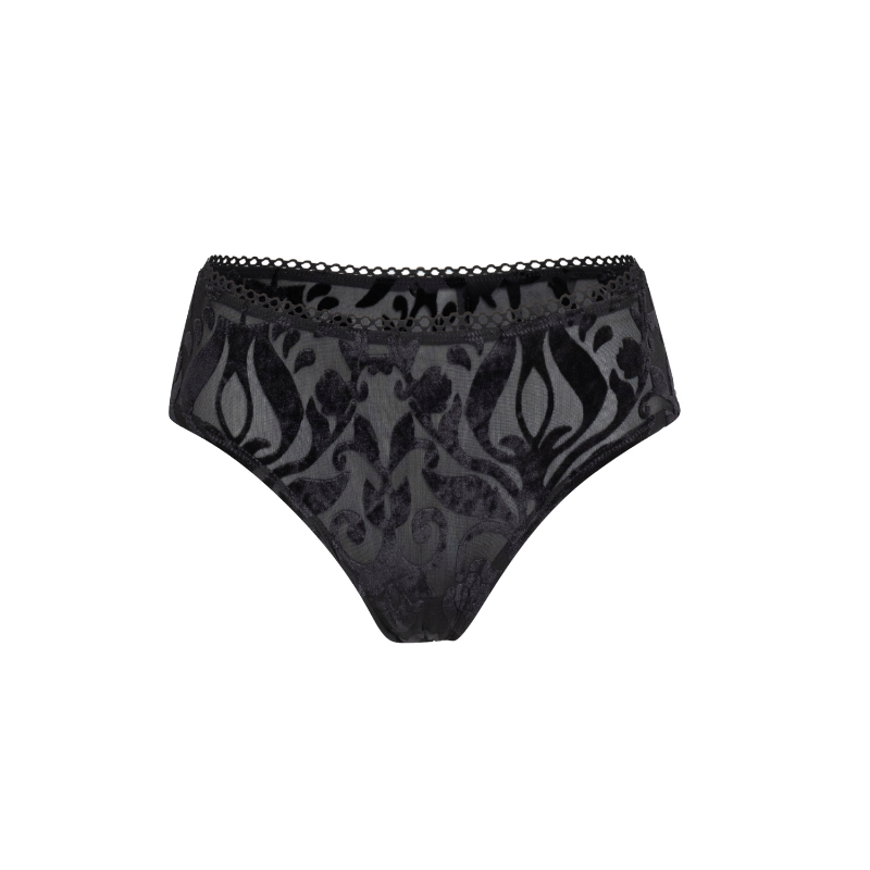 Black underwear with a floral pattern and lace trim.