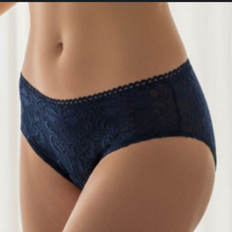 Navy blue lace underwear on a white background