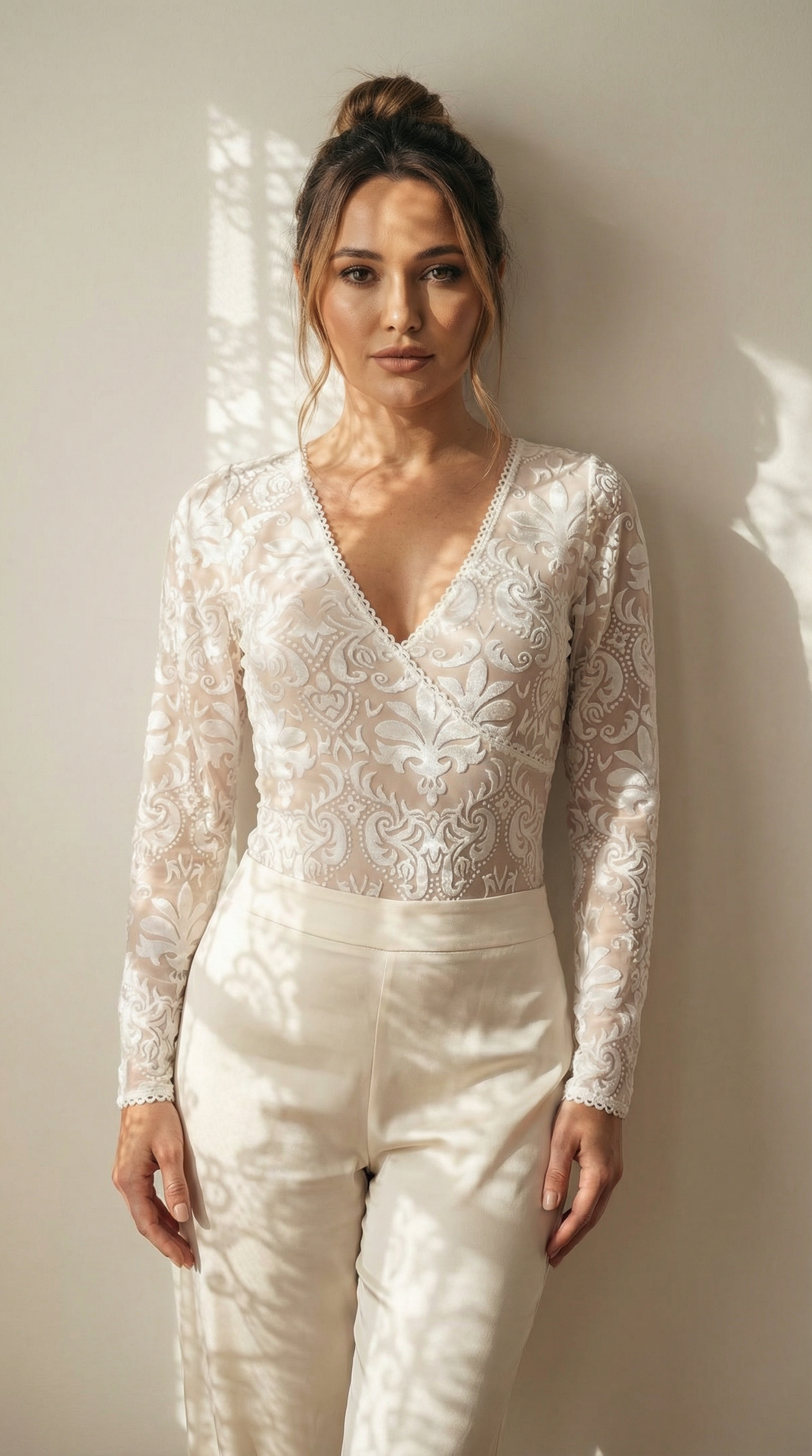 Woman wearing a white lace top and pants against a neutral background