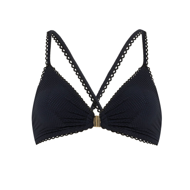 Black bikini top with lace details on a white background