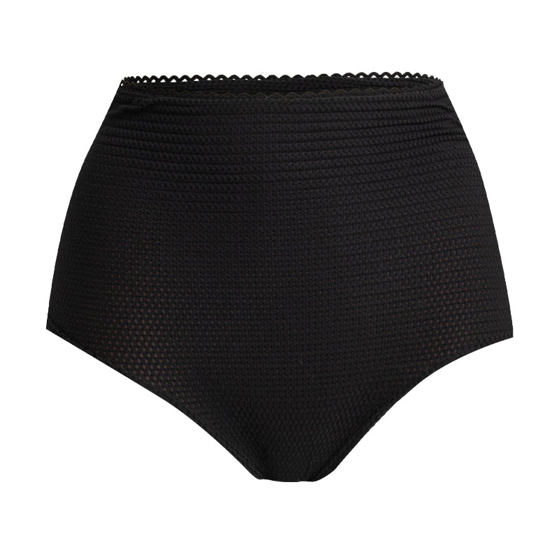 Black high-waisted bikini bottom on a white background