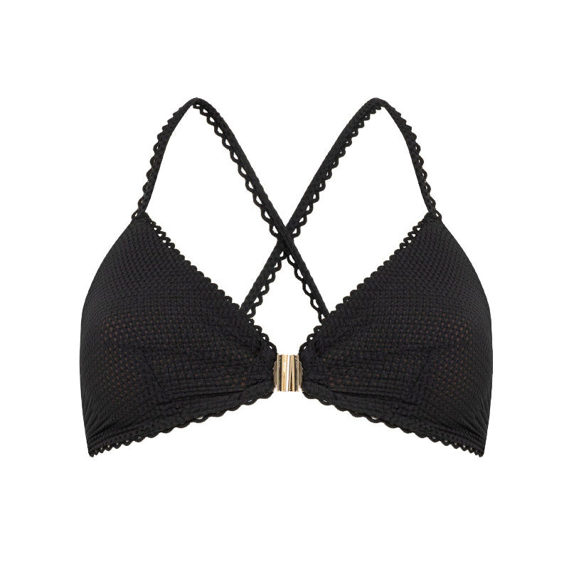 Black bikini top with chain straps on a white background