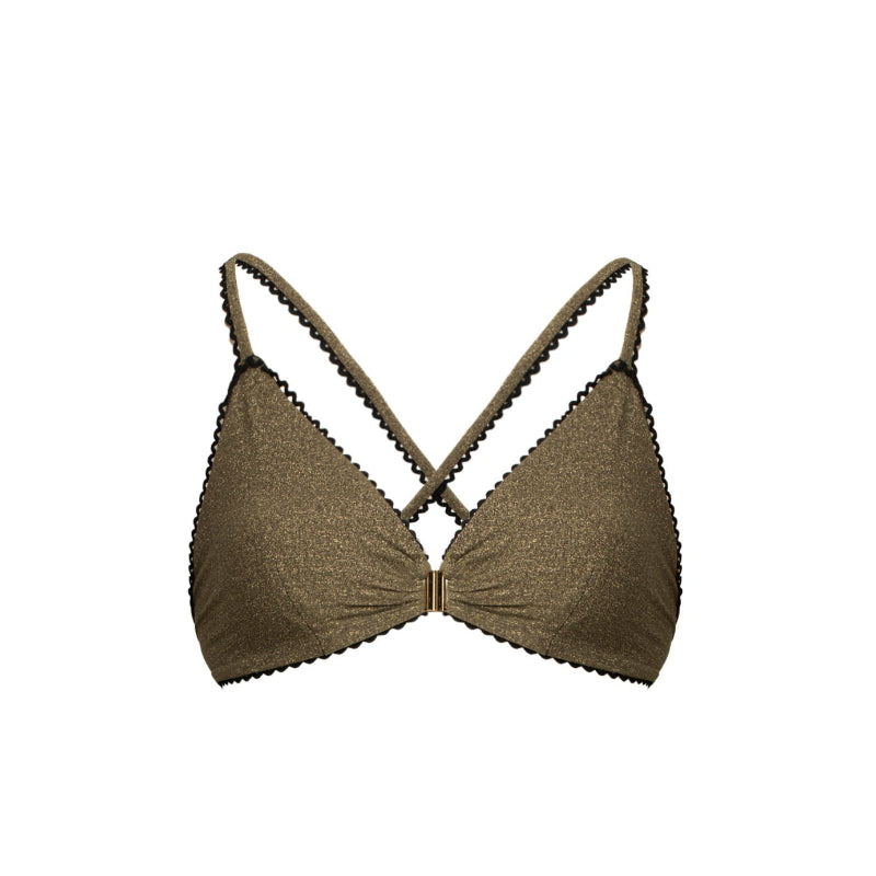 A green bikini top with a textured fabric, featuring a bow detail at the chest and a crisscross strap design at the back.