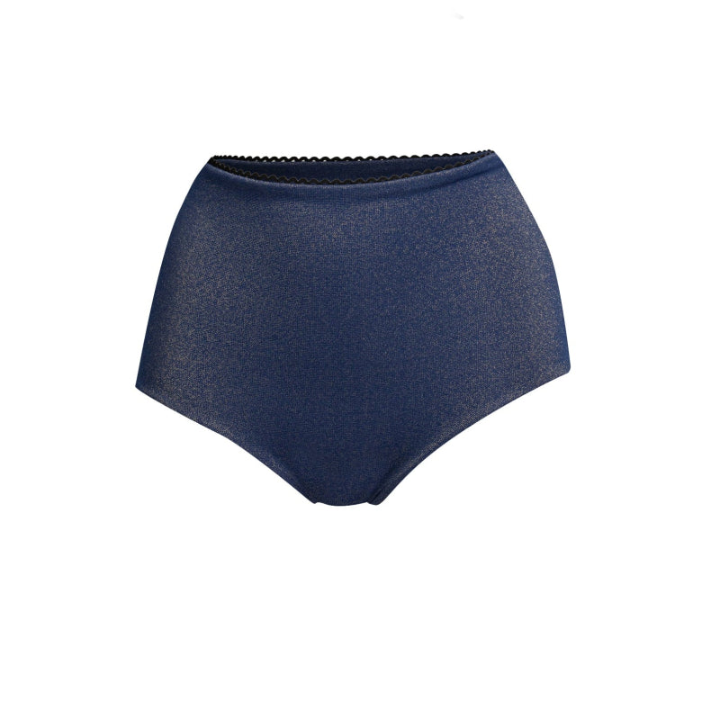 A blue high-waisted bikini bottom with a textured fabric, designed for swimming.