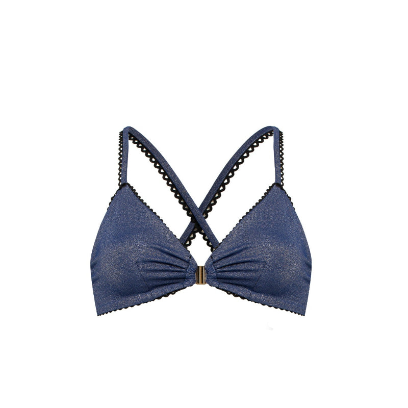 A blue bikini top with a bow detail in the front and a x-back closure