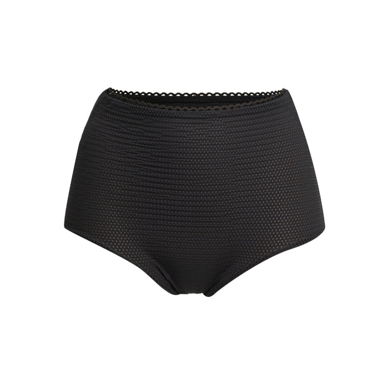 Black high-waisted bikini bottom with textured fabric and elastic waistband