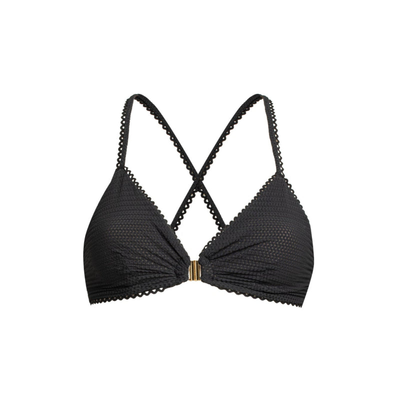 Black bikini top with a textured fabric, adjustable straps, and a small ring detail at the bust.
