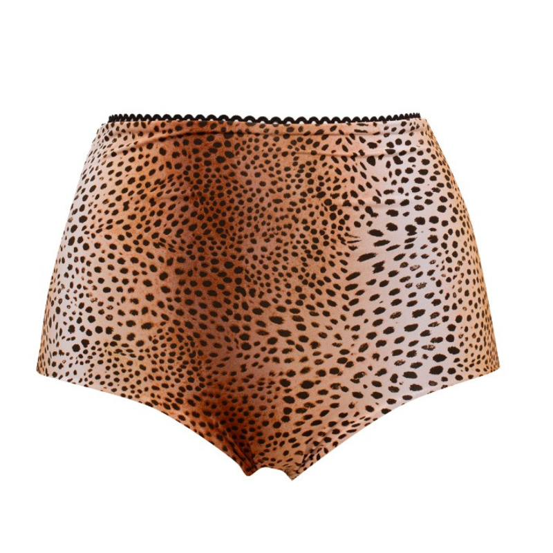 A high-waisted bikini bottom with a cheetah print pattern and a elastic waistband.