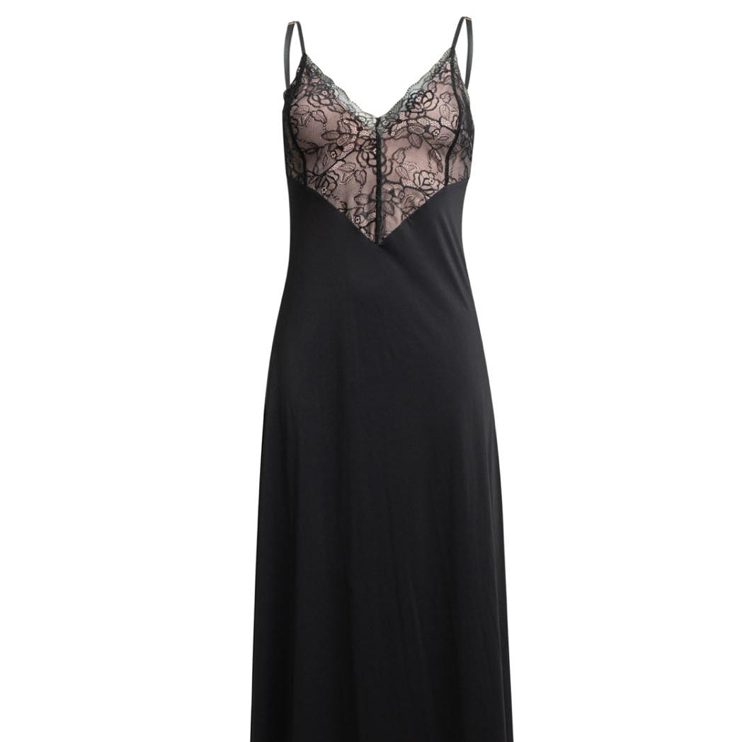 Black slip dress with lace detailing on a white background