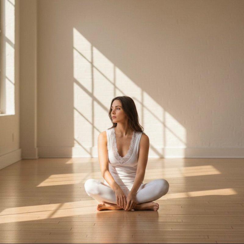 Woman sitting in a yoga pose in a sunlit room