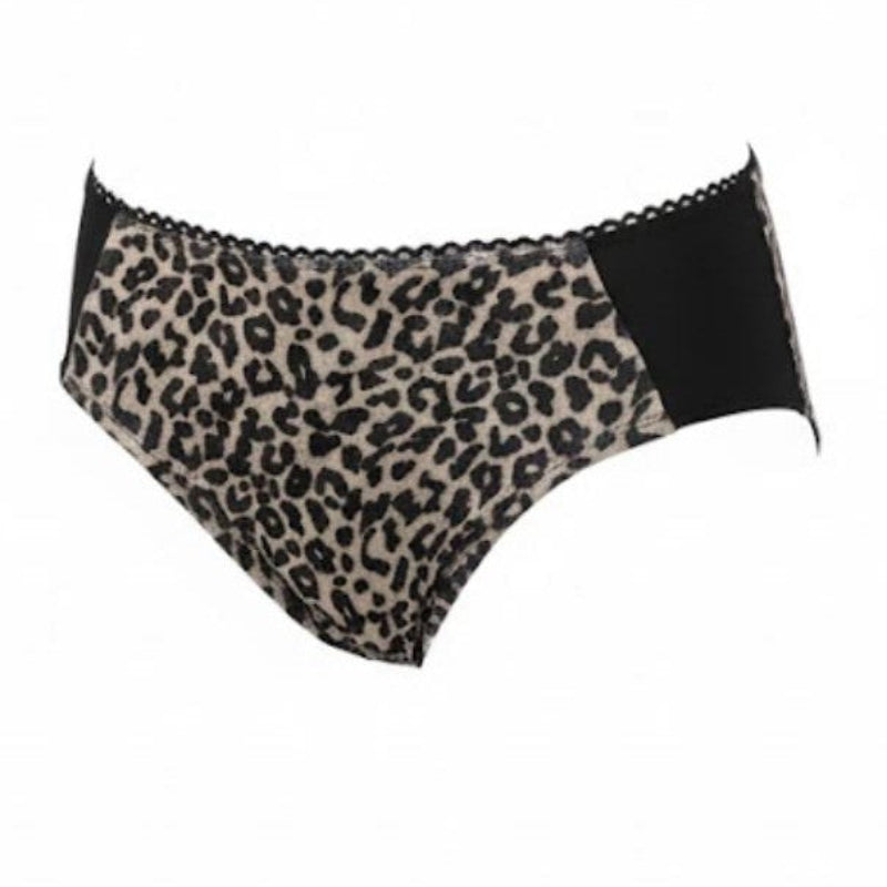 Leopard print underwear with black accents on a white background